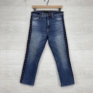 Veronica Beard Ines Cropped Straight-Leg Girlfriend Jeans‎ 28 Blue Rhinestones